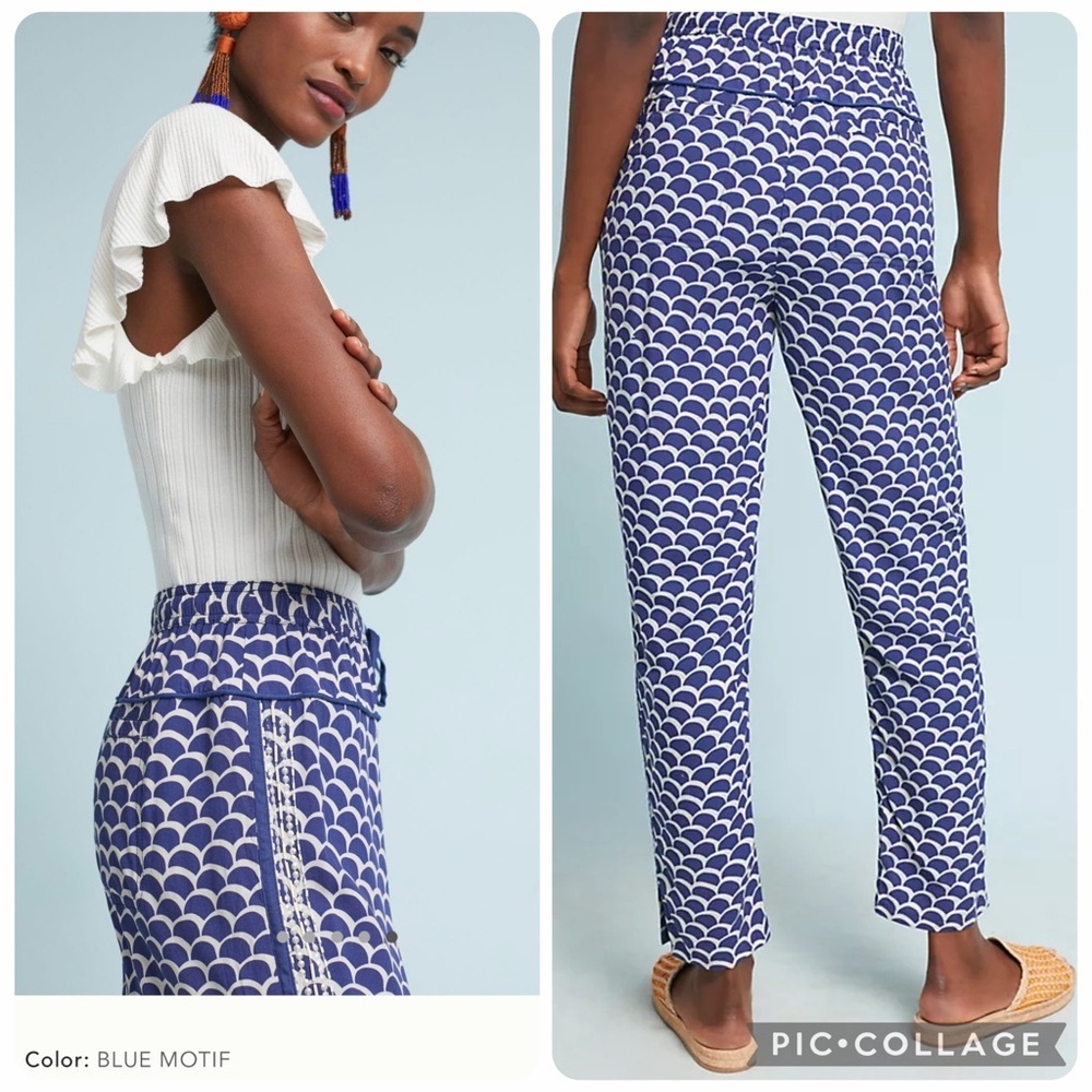 LP large petite Anthropologie beaded jogger pants lightweight blue white scallop - Picture 6 of 12